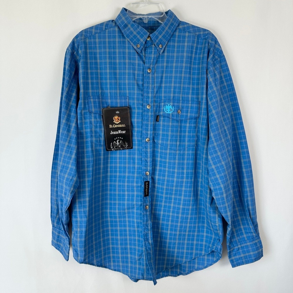 NWT El General Jeanswear Plaid Long Sleeve Western Shirt Mens Large Blue Cowboy